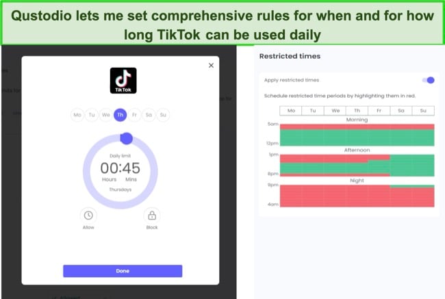 Use the Qustodio screen time tools to prevent TikTok addiction