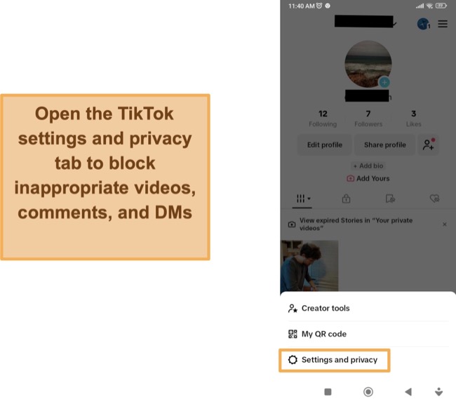 You need to open the settings and privacy settings on your child’s TikTok account