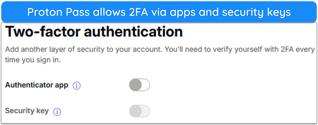 Screenshot showing Proton's various two-factor authentication options