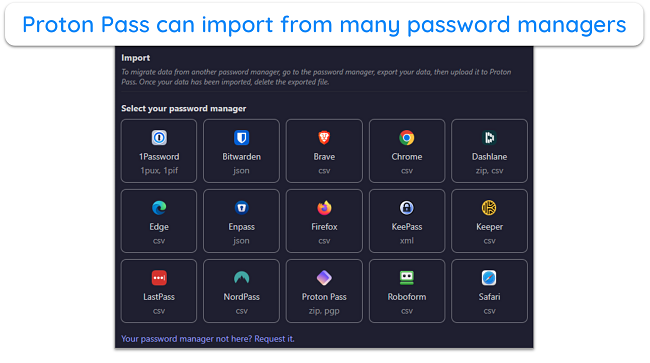 Screenshot showing the sources Proton Pass supports importing from