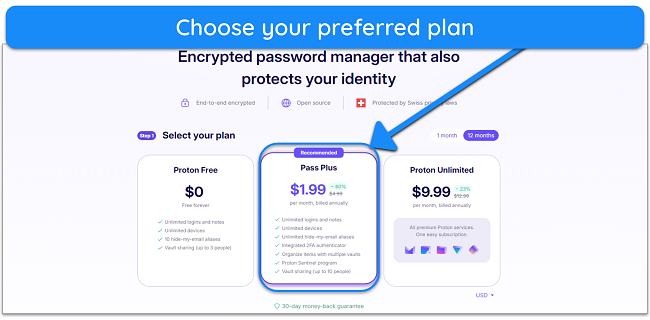 Screenshot showing how to choose your Proton Pass subscription