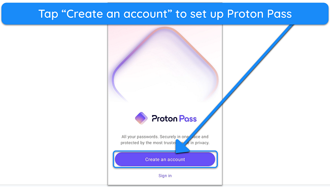Screenshot showing how to create a Proton account on Android