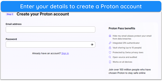 Screenshot showing how to create a Proton account on your browser