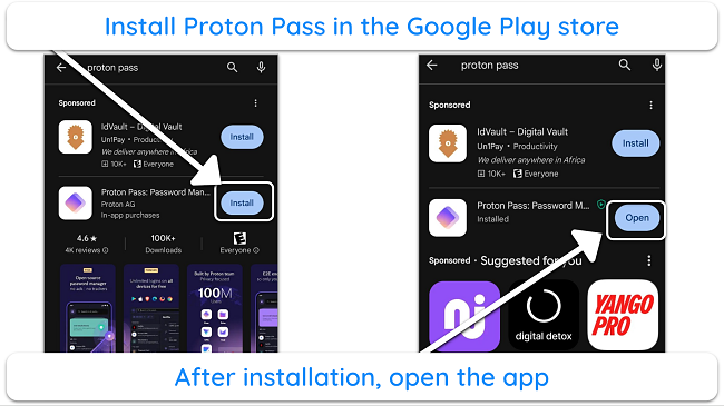 Screenshot showing how to download Proton Pass from the Google Play store