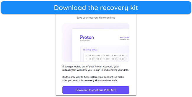 Screenshot showing Proton Pass' recovery kit