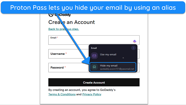 Screenshot of Proton Pass asking to generate an email alias while signing up for a website