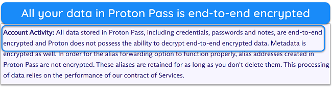 Screenshot explaining how Proton Pass always keeps your data encrypted