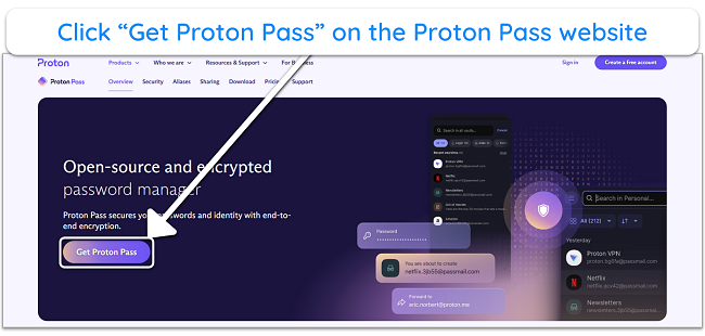 Screenshot showing how to get Proton Pass from the official website