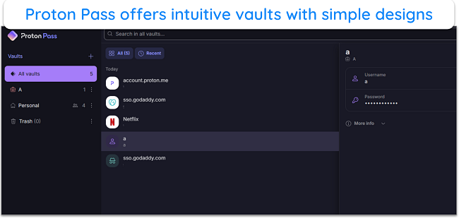 Screenshot showing the Proton Pass vault interface