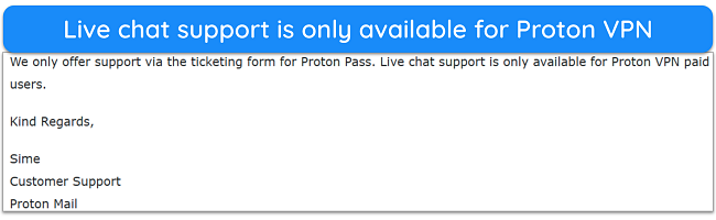 Screenshot showing that Proton's live chat support is only available for the VPN