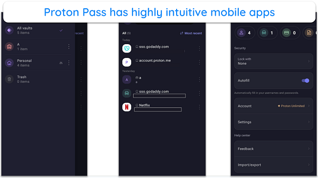 Screenshot showing Proton Pass' mobile app interface