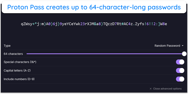 Screenshot of Proton Pass making a 64-character-long password