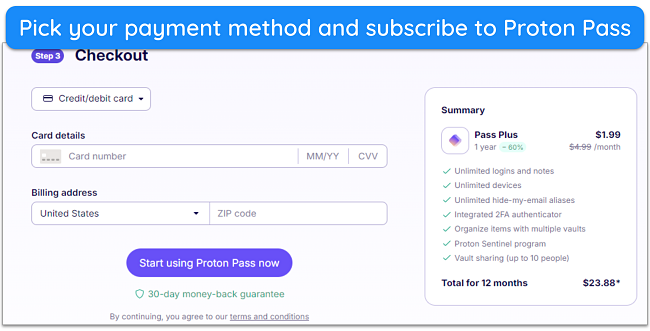 Screenshot showing how to pay for your Proton Pass plan