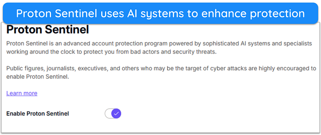 Screenshot showing the Proton Sentinel security feature's description