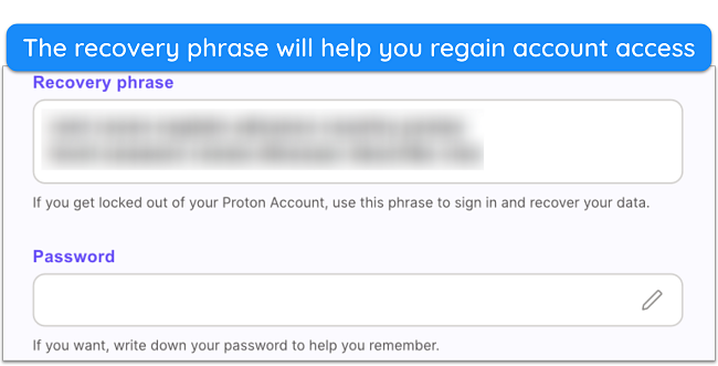 Screenshot showing the recovery kit Proton Pass provides on registration