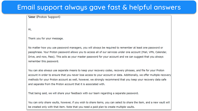 Screenshot of a detailed response from Proton Pass' email support