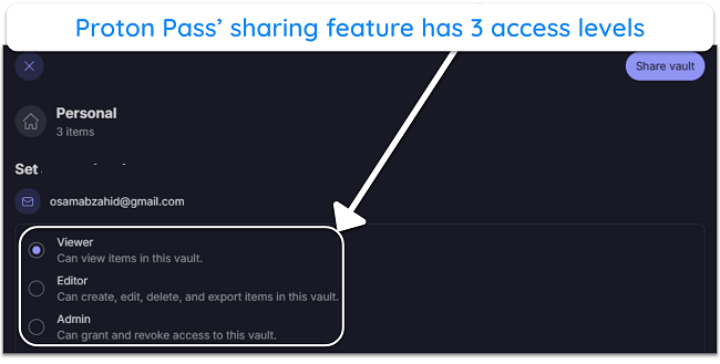 Screenshot showing the various access levels in Proton Pass' sharing feature