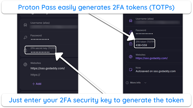Screenshot of Proton Pass generating TOTPs for two-factor authentication