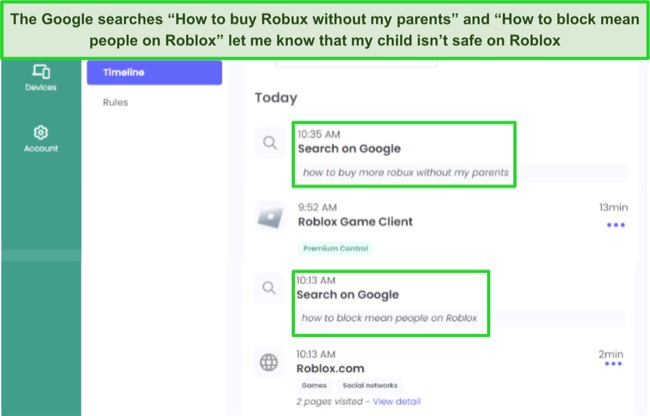 Use the Qustodio Timeline to monitor your child’s Roblox environment 