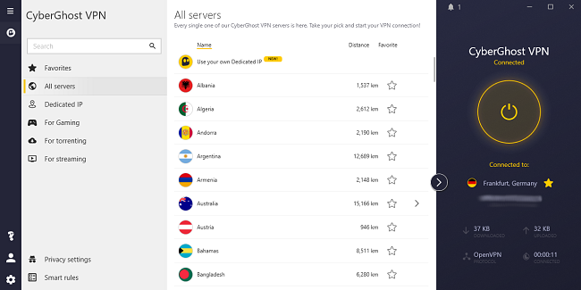 Screenshot of CyberGhost connection on its Windows client.