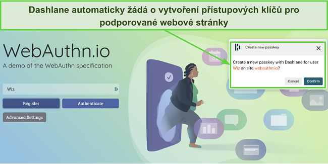 Snímek obrazovky, na kterém Dashlane žádá o vytvoření přístupového klíče pro webauthn.io