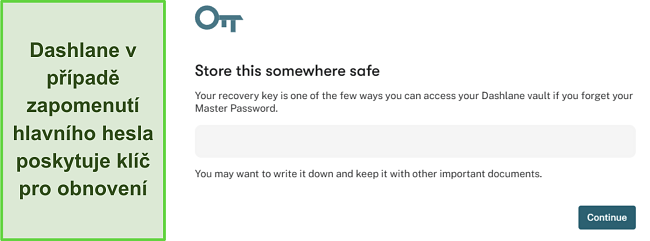 Snímek obrazovky ukazující funkci obnovovacího klíče Dashlane