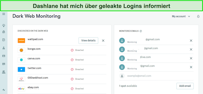 Screenshot der Ergebnisse der Dashlane Dark Web-Überwachung