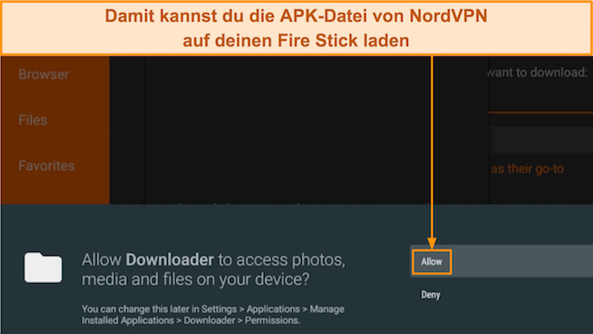 Screenshot der Downloader-App, die um Zugriff auf Fotos, Medien und lokale Dateien auf dem Amazon Fire Stick bittet