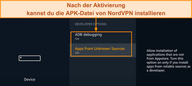 Screenshot, wie man ADB-Debugging und Apps aus unbekannten Quellen in den Entwickleroptionen von Amazon Fire Stick aktiviert