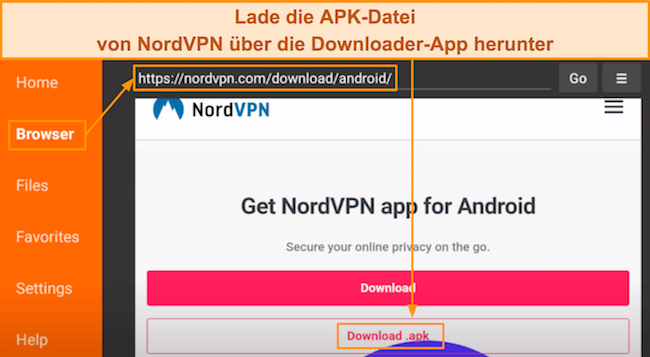 Screenshot des Herunterladens der APK-Datei von NordVPN über die Downloader-App auf dem Amazon Fire Stick