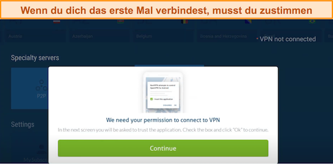 Screenshot von NordVPN, das beim ersten Herstellen einer Verbindung zu einem Server auf dem Amazon Fire Stick um Erlaubnis zum Herstellen einer Verbindung bittet