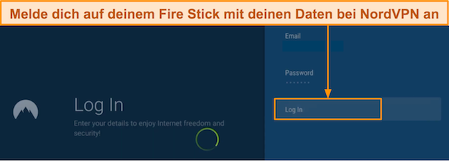 Screenshot der Anmeldung bei der NordVPN-App auf dem Fire Stick