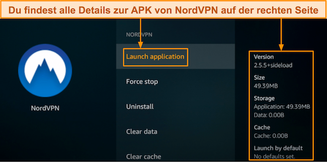 Screenshot, wie man die APK-Datei von NordVPN über das Menü „Installierte Anwendungen verwalten“ des Fire Sticks startet