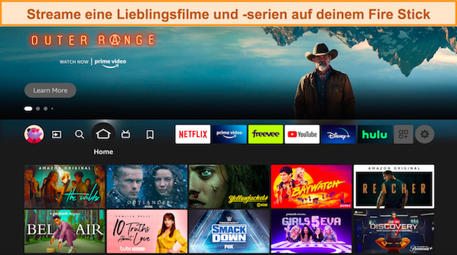 Screenshot der Startseite des Amazon Fire Sticks mit verschiedenen Shows und Filmen
