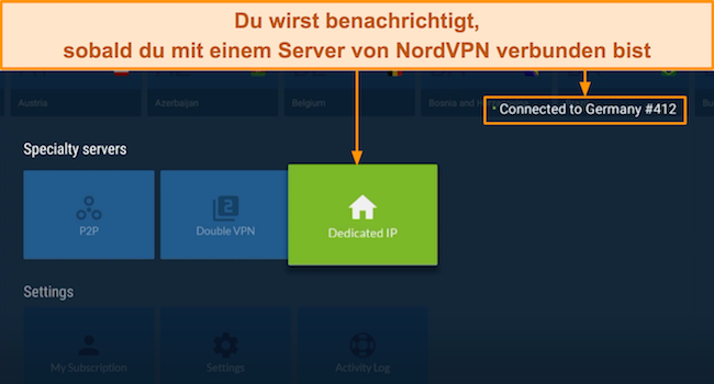 Screenshot von NordVPN, das die Verbindung zu einem Server auf dem Amazon Fire Stick benachrichtigt