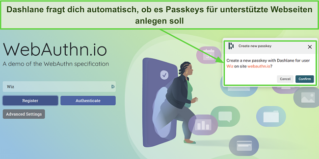 Screenshot von Dashlane, das darum bittet, einen Passkey für webauthn.io zu erstellen