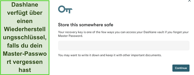 Screenshot zeigt die Wiederherstellungsschlüsselfunktion von Dashlane