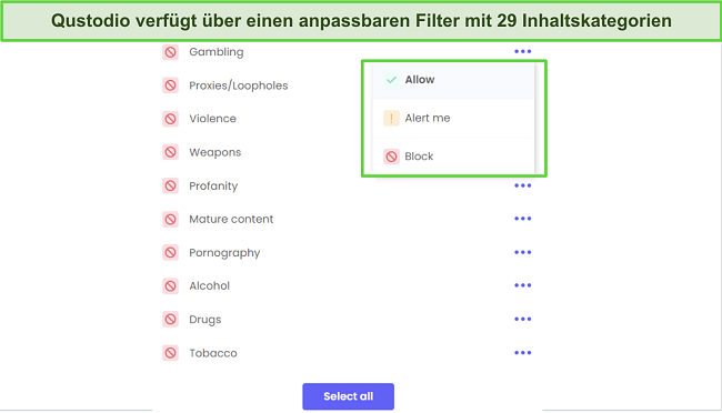 Sie können leicht einstellen, wie der Webfilter auf jede der 29 Kategorien reagiert