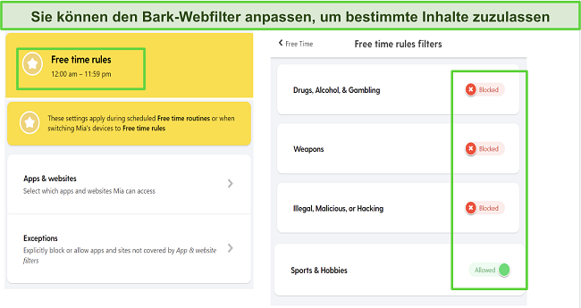 Sie können wählen, welche Websitekategorien während der Freizeit Ihres Kindes verfügbar sind