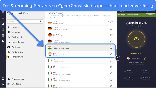 Screenshot of CyberGhost's streaming servers for Netflix India and Disney+ Hotstar