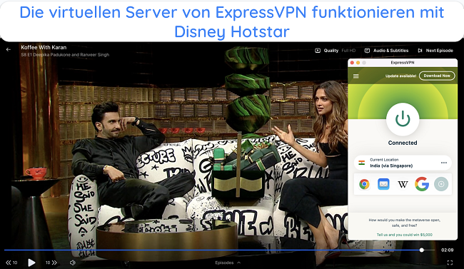 Screenshot of Koffee With Karan playing on Disney+ Hotstar while connected to ExpressVPN's virtual server for India
