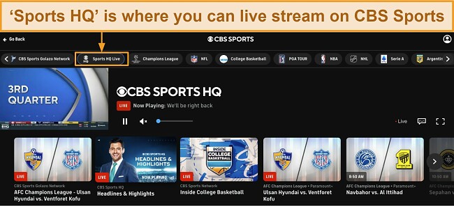 Screenshot von CBS Sports-Inhalten, die im Abschnitt „Sports HQ Live“ angezeigt werden