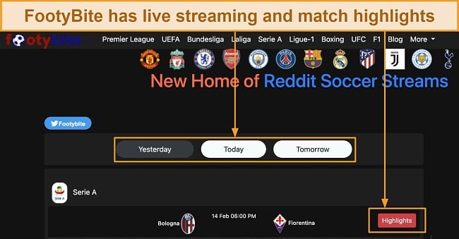 Screenshot of FootyBite's homepage, showing soccer match highlights in the 'Yesterday' tab