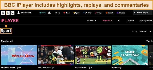 Screenshot des Dashboards des BBC iPlayers mit den in der Kategorie „Sport“ verfügbaren Inhalten