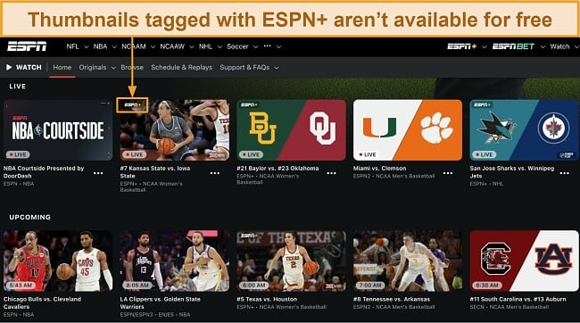 Screenshot of ESPN's home interface showing live streams of multiple sports channels