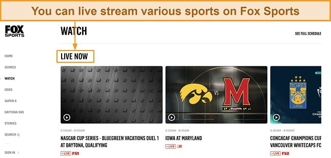 Screenshot of FOX Sports home page's 'Live Now' section, displaying various live streams