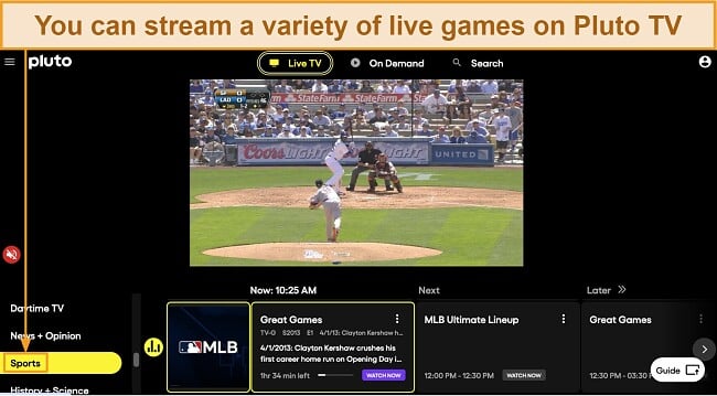 Screenshot eines MLB-Spiels, das live auf Pluto TV übertragen wird