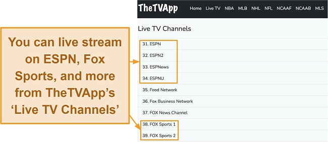 Screenshot des Dashboards von TheTVApp mit der Liste der Live-TV-Kanäle