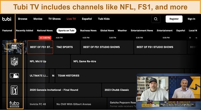 Screenshot of Tubi's Live TV dashboard, running a stream on FS1