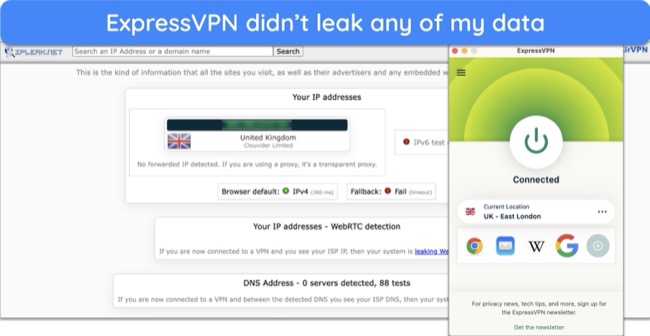 ExpressVPN revealed no IP, DNS, or WebRTC information in data leak tests
